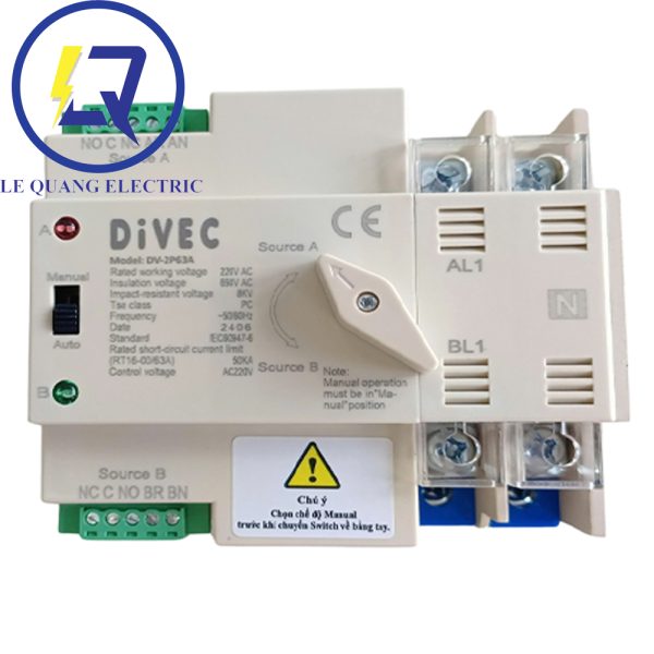DV 2P 63A  : Bộ chuyển nguồn tự động DIVEC 2 Pha 63A , DV 2P 63A MINI